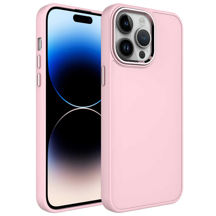 iPhone 14 Pro Max Kılıf Metal Çerçeve ve Buton Tasarımlı Silikon Zore Luna Kılıf - Pembe