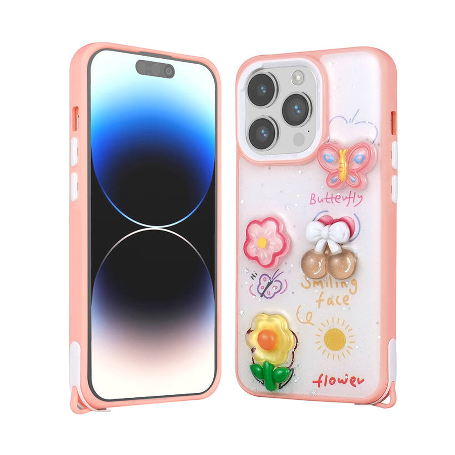 iPhone 14 Pro Max Kılıf Parlayan Simli Kabartma Figürlü Zore Cevze Kılıf - Pembe