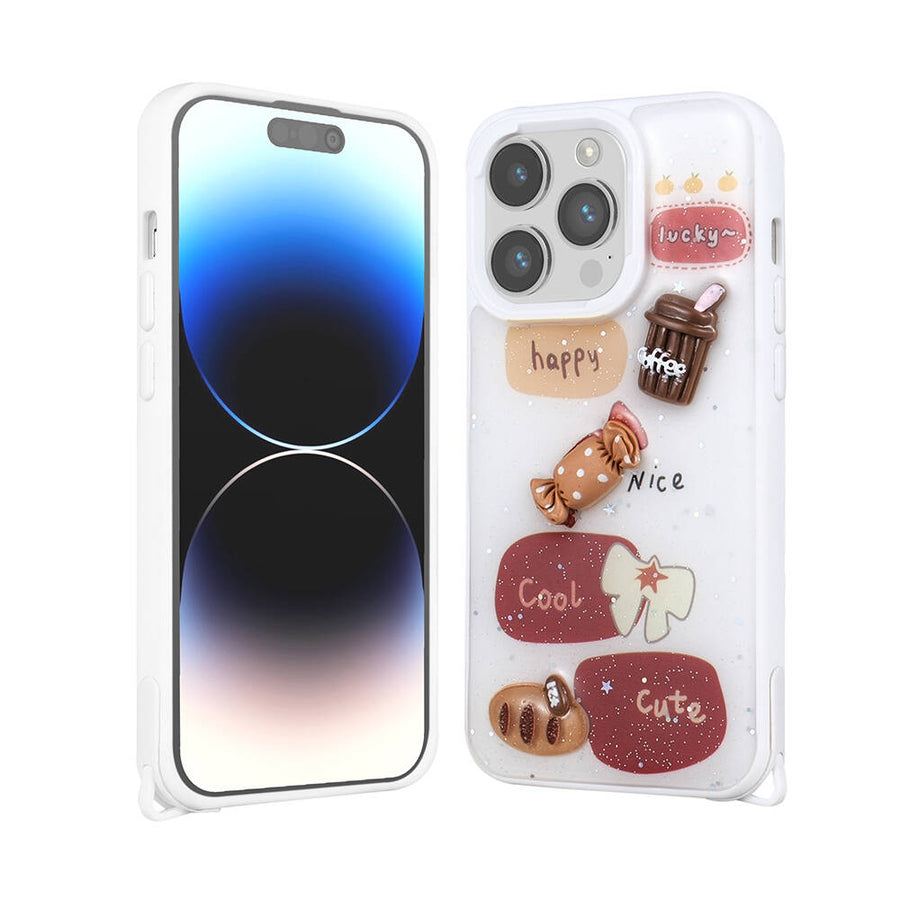iPhone 14 Pro Max Kılıf Parlayan Simli Kabartma Figürlü Zore Cevze Kılıf - Beyaz