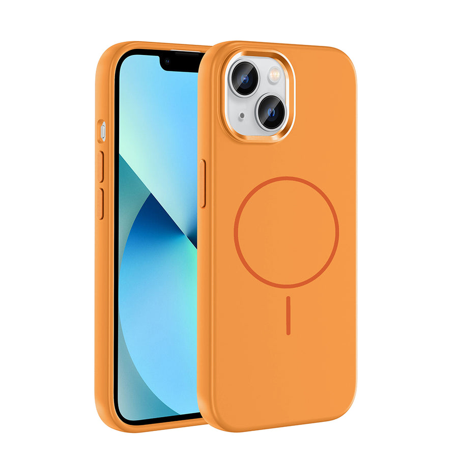 iPhone 15 Kılıf M-Safe Şarj Özellikli Metal Kamera Çerçeveli Zore Edi Silikon Kılıf - Turuncu