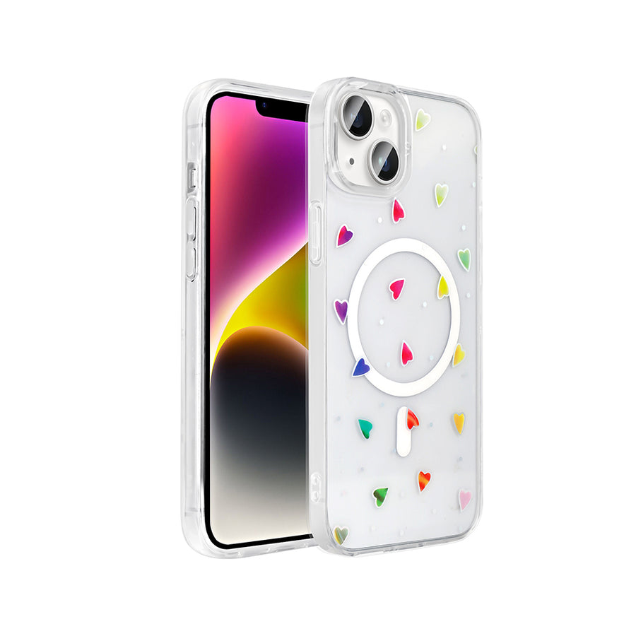 iPhone 15 Plus Kılıf M-Safe Şarj Özellikli Şeffaf Zore Folk Sert Kılıf - Kalp
