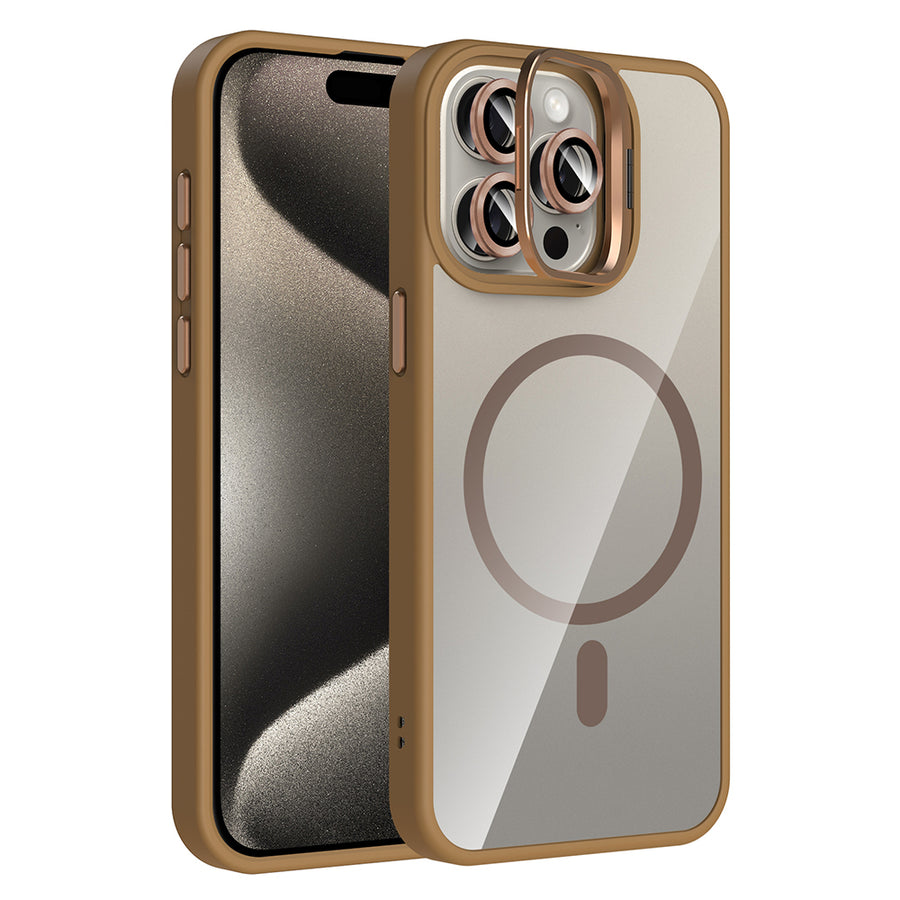 iPhone 15 Pro Kılıf Standlı ve Kamera Lens Hediyeli M-Safe Şarj Özellikli Zore Etro Kılıf - Desert Titanyum