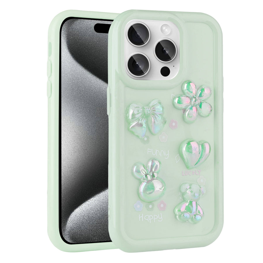iPhone 15 Pro Max Kılıf Kabartma Figürlü Parlak Zore Toys Silikon Kılıf - Açık Yeşil