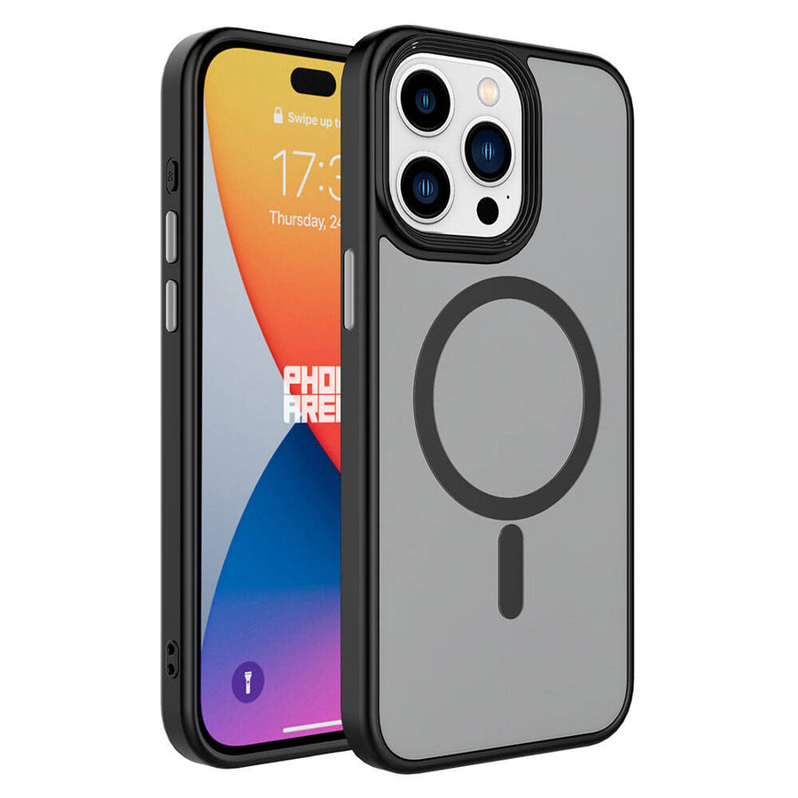 iPhone 15 Pro Max Kılıf Mat Arka Yüzey Wireless Şarj Özellikli Zore Flet M-safe Kılıf - Siyah