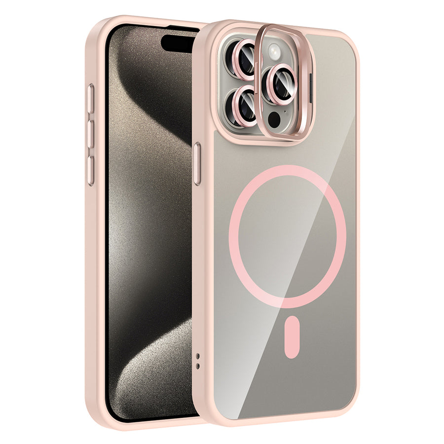 iPhone 15 Pro Max Kılıf Standlı ve Kamera Lens Hediyeli M-Safe Şarj Özellikli Zore Etro Kılıf - Pembe