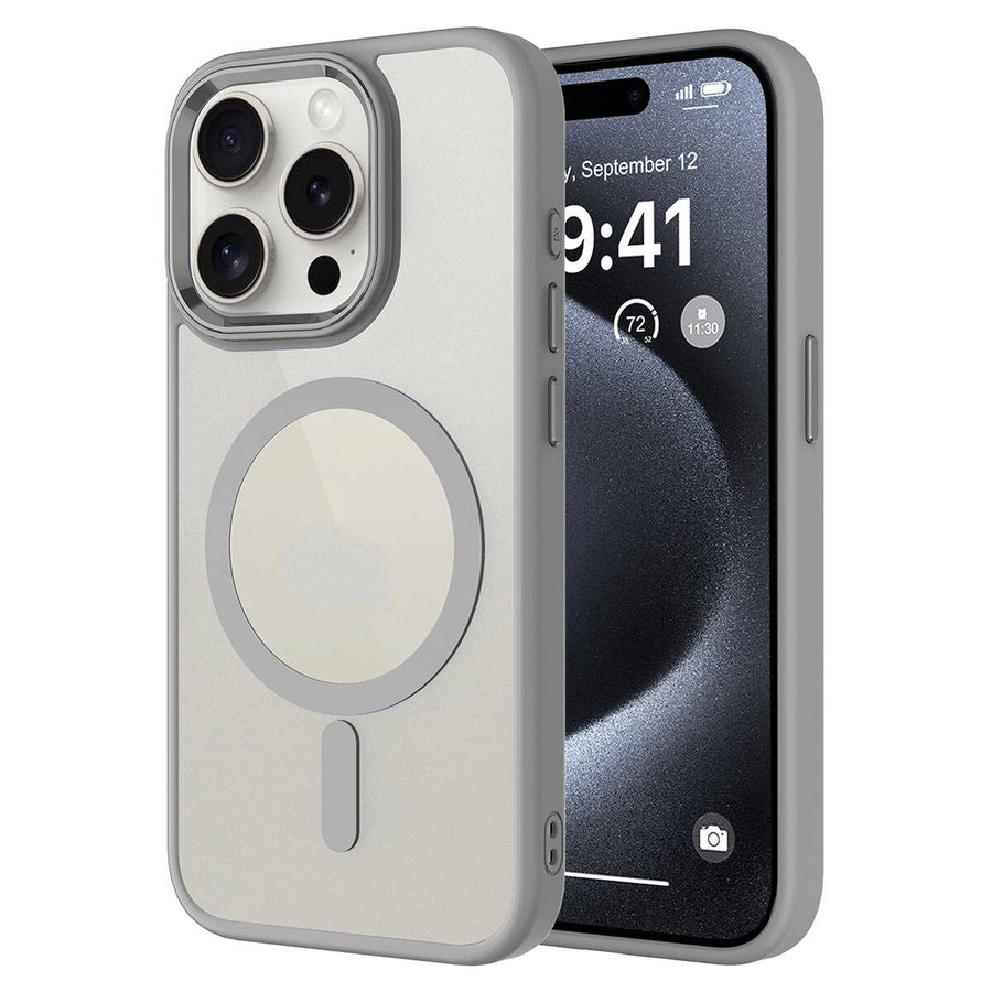 iPhone 15 Pro Max Kılıf Wireless Şarj Özellikli Zore Krom M-safe Silikon Kılıf - Gri