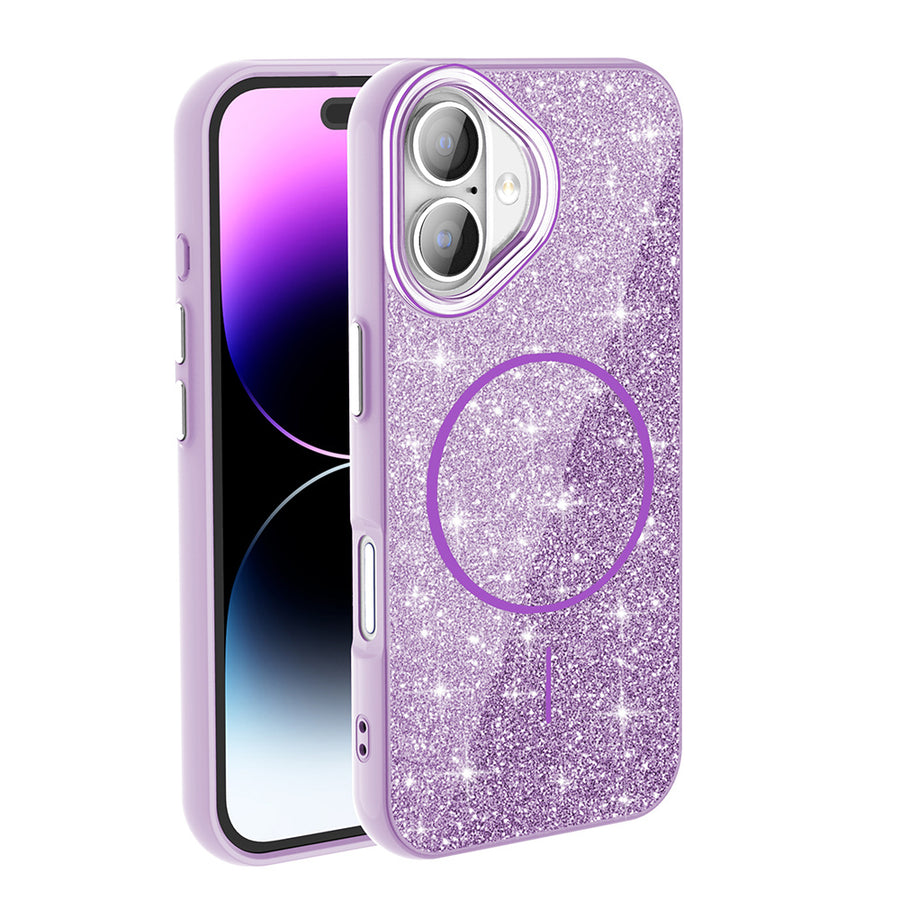 iPhone 16 Kılıf M-safe Şarj Özellikli Parlayan Simli Zore Okso Kılıf - Derin Mor
