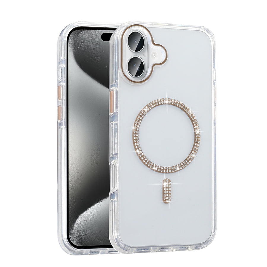 iPhone 16 Kılıf Taşlı Tasarım M-safe Şarj Özellikli Zore Koment Silikon Kılıf - Gold