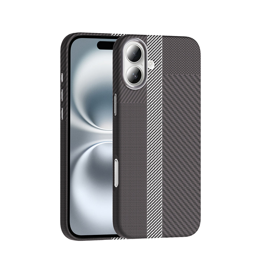 iPhone 16 Plus Kılıf M-safe Şarj Özellikli Karbon Fiber Görünümlü Zore Gros Kılıf - Gri-Siyah