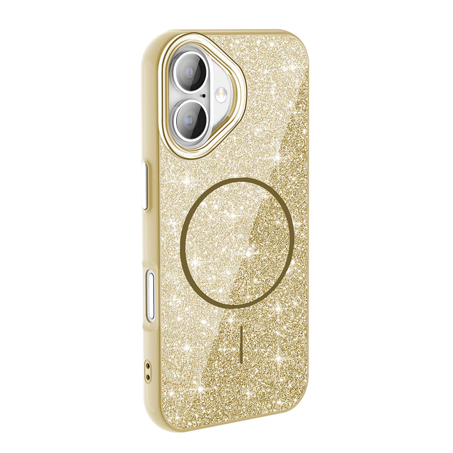 iPhone 16 Plus Kılıf M-safe Şarj Özellikli Parlayan Simli Zore Okso Kılıf - Gold