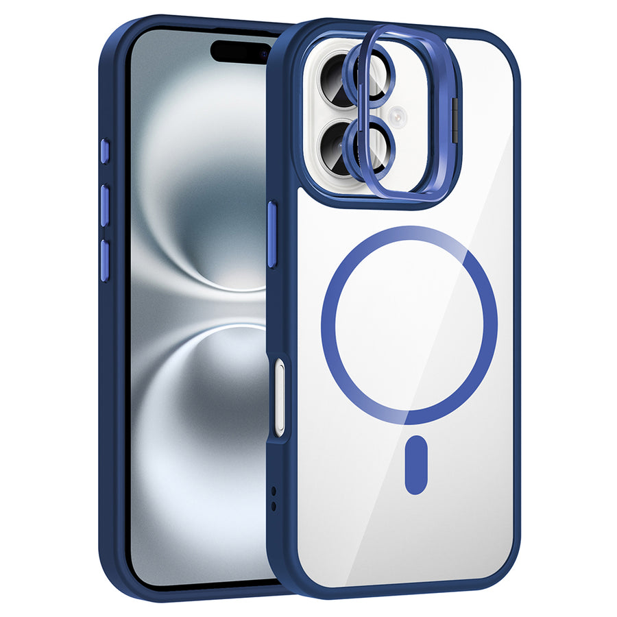 iPhone 16 Plus Kılıf Standlı ve Kamera Lens Hediyeli M-Safe Şarj Özellikli Zore Etro Kılıf - Lacivert
