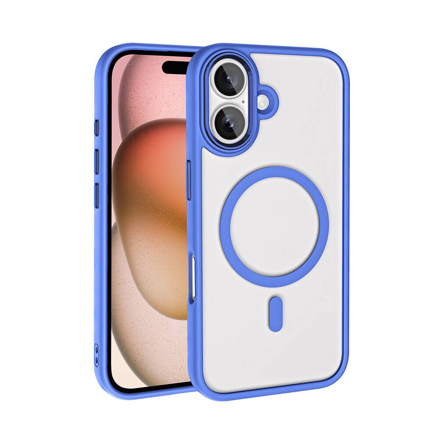 iPhone 16 Plus Kılıf Wireless Şarj Özellikli Zore Krom M-safe Silikon Kılıf - Mavi