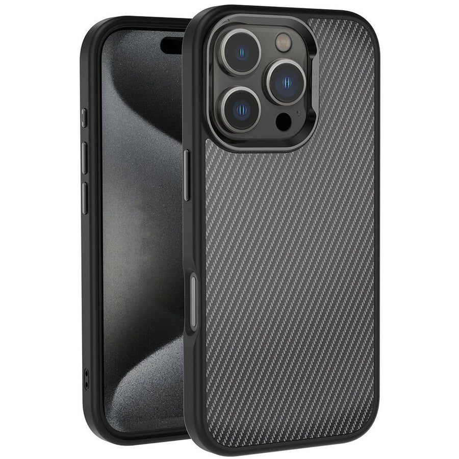 iPhone 16 Pro Kılıf Karbon Fiber Görünümlü Parlak Kamera Çerçeveli Zore Venus Kılıf - Siyah