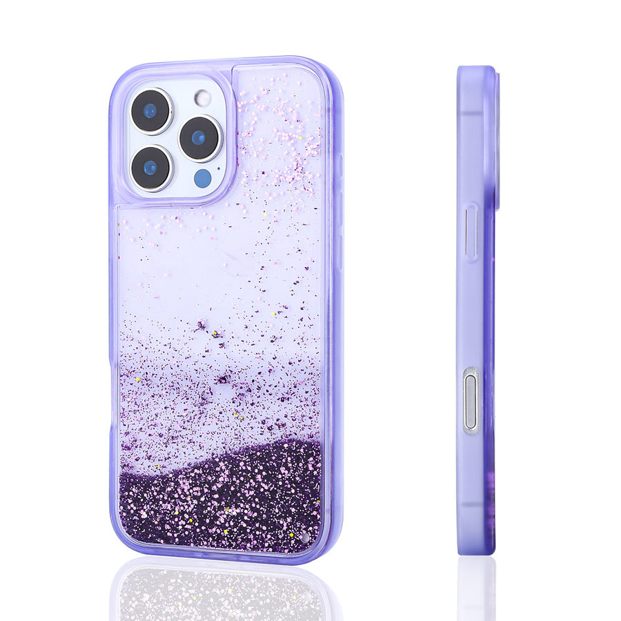 iPhone 16 Pro Kılıf Sıvılı Simli Şeffaf Arka Yüzey Zore Keto Silikon Kılıf - Mor