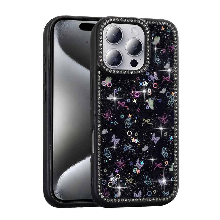 iPhone 16 Pro Kılıf Taşlı ve Simli Tasarım Zore Azra Kılıf - Siyah