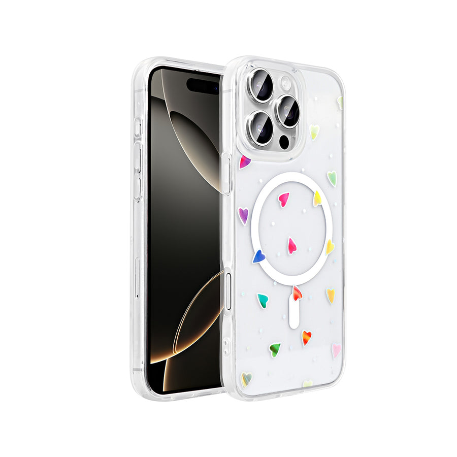 iPhone 16 Pro Max Kılıf M-Safe Şarj Özellikli Şeffaf Zore Folk Sert Kılıf - Kalp