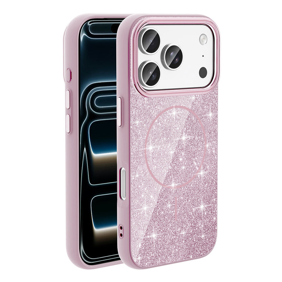 iPhone 17 Pro Kılıf M-safe Şarj Özellikli Parlayan Simli Zore Okso Kılıf - Pembe
