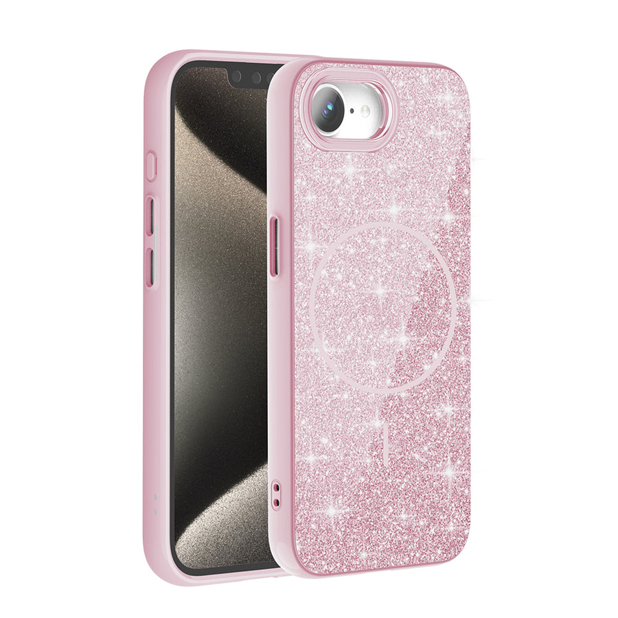 iPhone 17E Kılıf M-safe Şarj Özellikli Parlayan Simli Zore Okso Kılıf - Pembe