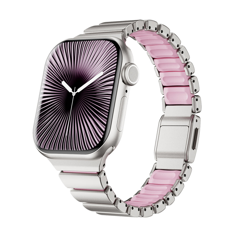 Watch 10 42mm Zore KRD-149 Metal Silikon Kordon - Gümüş-Pembe