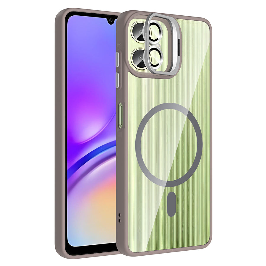 Galaxy A06 Kılıf Standlı ve Kamera Lens Hediyeli M-Safe Şarj Özellikli Zore Etro Kılıf - Gri