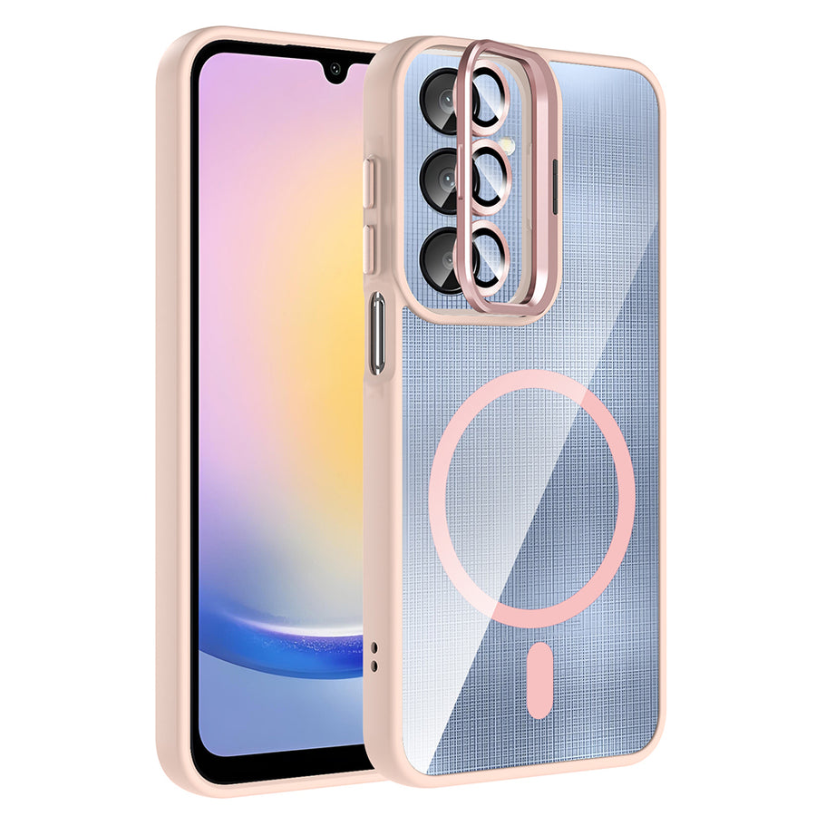 Galaxy A16 Kılıf Standlı ve Kamera Lens Hediyeli M-Safe Şarj Özellikli Zore Etro Kılıf - Pembe