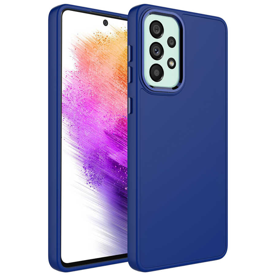 Galaxy A52 Kılıf Metal Çerçeve ve Buton Tasarımlı Silikon Zore Luna Kılıf - Lacivert