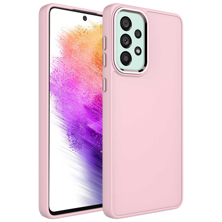 Galaxy A52 Kılıf Metal Çerçeve ve Buton Tasarımlı Silikon Zore Luna Kılıf - Pembe