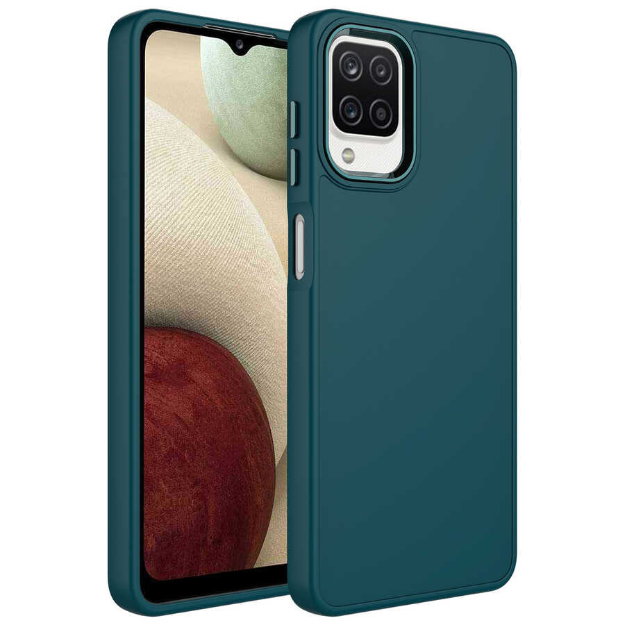 Galaxy M12 Kılıf Metal Çerçeve ve Buton Tasarımlı Silikon Zore Luna Kılıf - Koyu Yeşil
