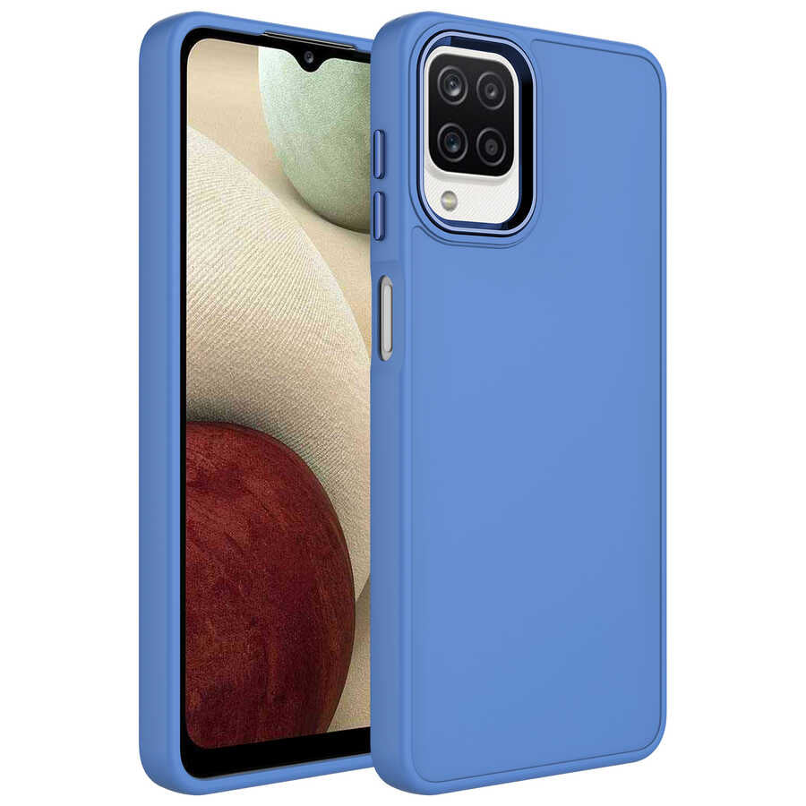 Galaxy M12 Kılıf Metal Çerçeve ve Buton Tasarımlı Silikon Zore Luna Kılıf - Lavendery Gray