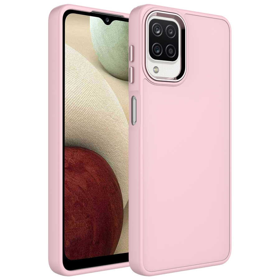 Galaxy M32 Kılıf Metal Çerçeve ve Buton Tasarımlı Silikon Zore Luna Kılıf - Pembe