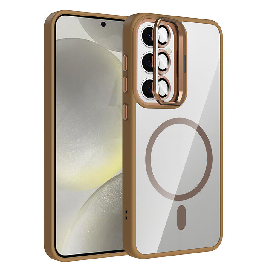 Galaxy S25 Kılıf Standlı ve Kamera Lens Hediyeli M-Safe Şarj Özellikli Zore Etro Kılıf - Desert Titanyum