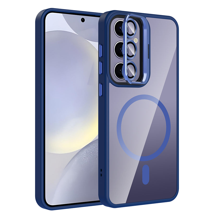 Galaxy S25 Plus Kılıf Standlı ve Kamera Lens Hediyeli M-Safe Şarj Özellikli Zore Etro Kılıf - Lacivert