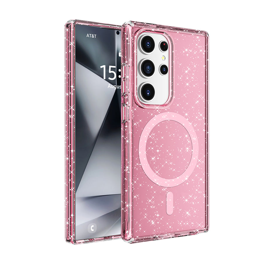 Galaxy S25 Ultra Kılıf M-safe Şarj Özellikli Parlayan Simli Saydam Renkli Zore Allstar Kılıf - Pembe