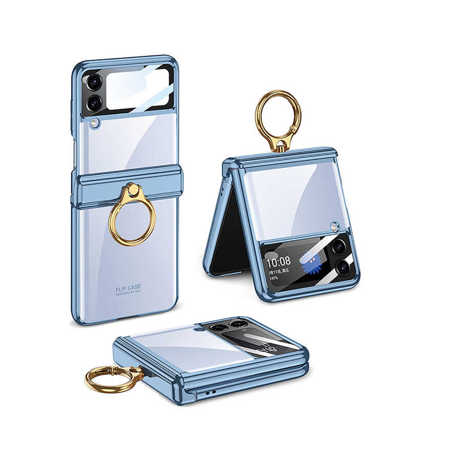 Galaxy Z Flip 4 Kılıf Zore Kıpta Yüzüklü Lens Korumalı Kılıf - Mavi