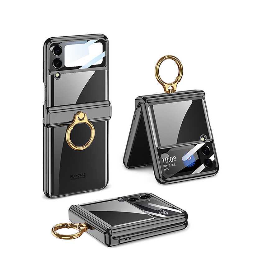 Galaxy Z Flip 4 Kılıf Zore Kıpta Yüzüklü Lens Korumalı Kılıf - Siyah