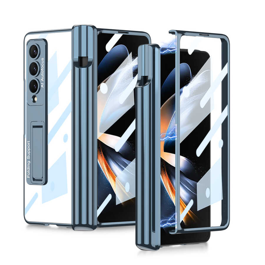 Galaxy Z Fold 4 Kılıf Zore Kıpta Standlı Kalem Bölmeli Kılıf - Mavi
