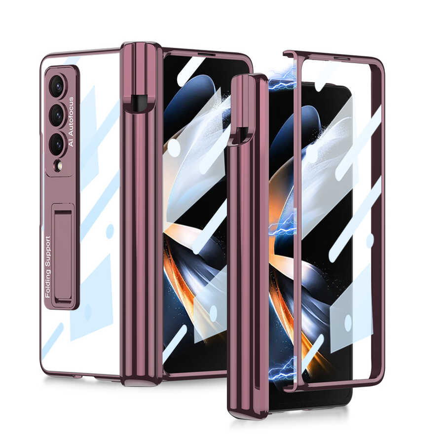 Galaxy Z Fold 4 Kılıf Zore Kıpta Standlı Kalem Bölmeli Kılıf - Mürdüm