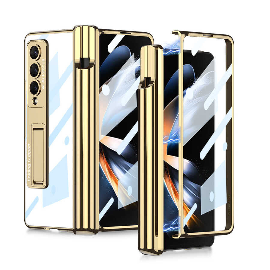 Galaxy Z Fold 4 Kılıf Zore Kıpta Standlı Kalem Bölmeli Kılıf - Gold