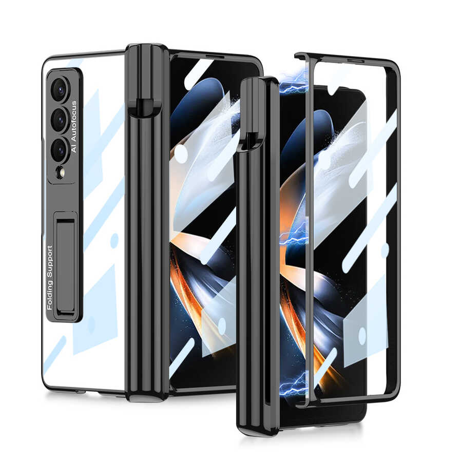 Galaxy Z Fold 4 Kılıf Zore Kıpta Standlı Kalem Bölmeli Kılıf - Siyah