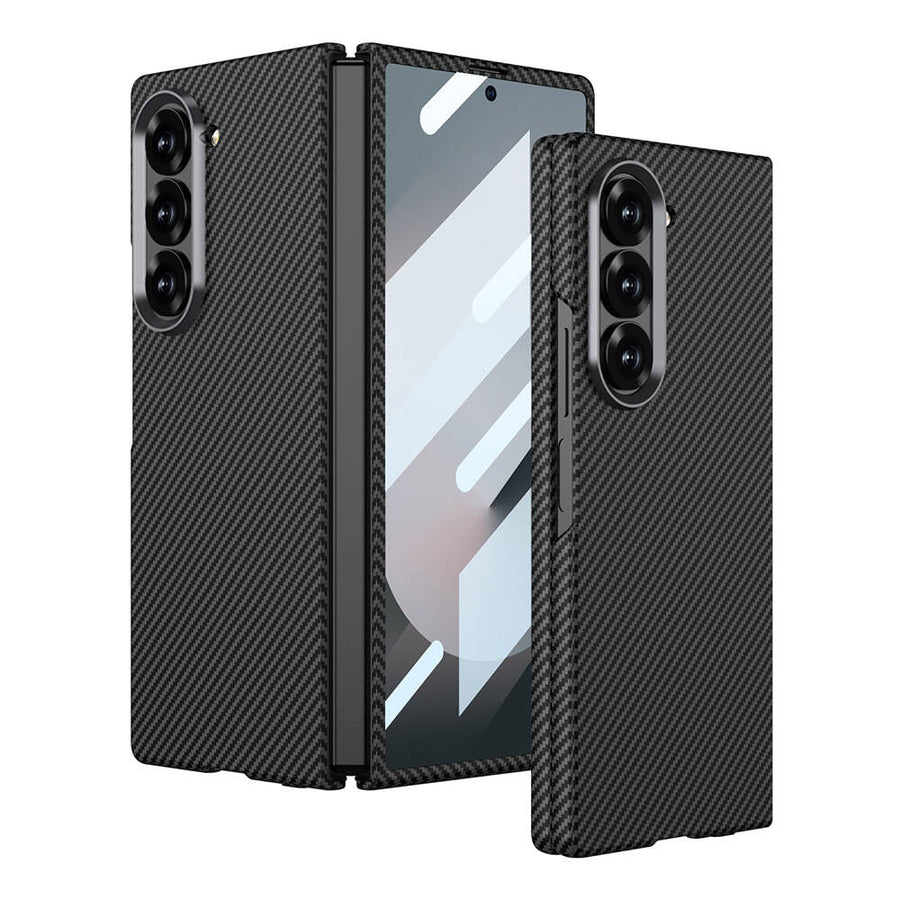 Galaxy Z Fold 6 Kılıf Kamera Korumalı Karbon Fiber Tasarımlı Arka Yüzey Zore Kıpta Karbon Kılıf - Siyah