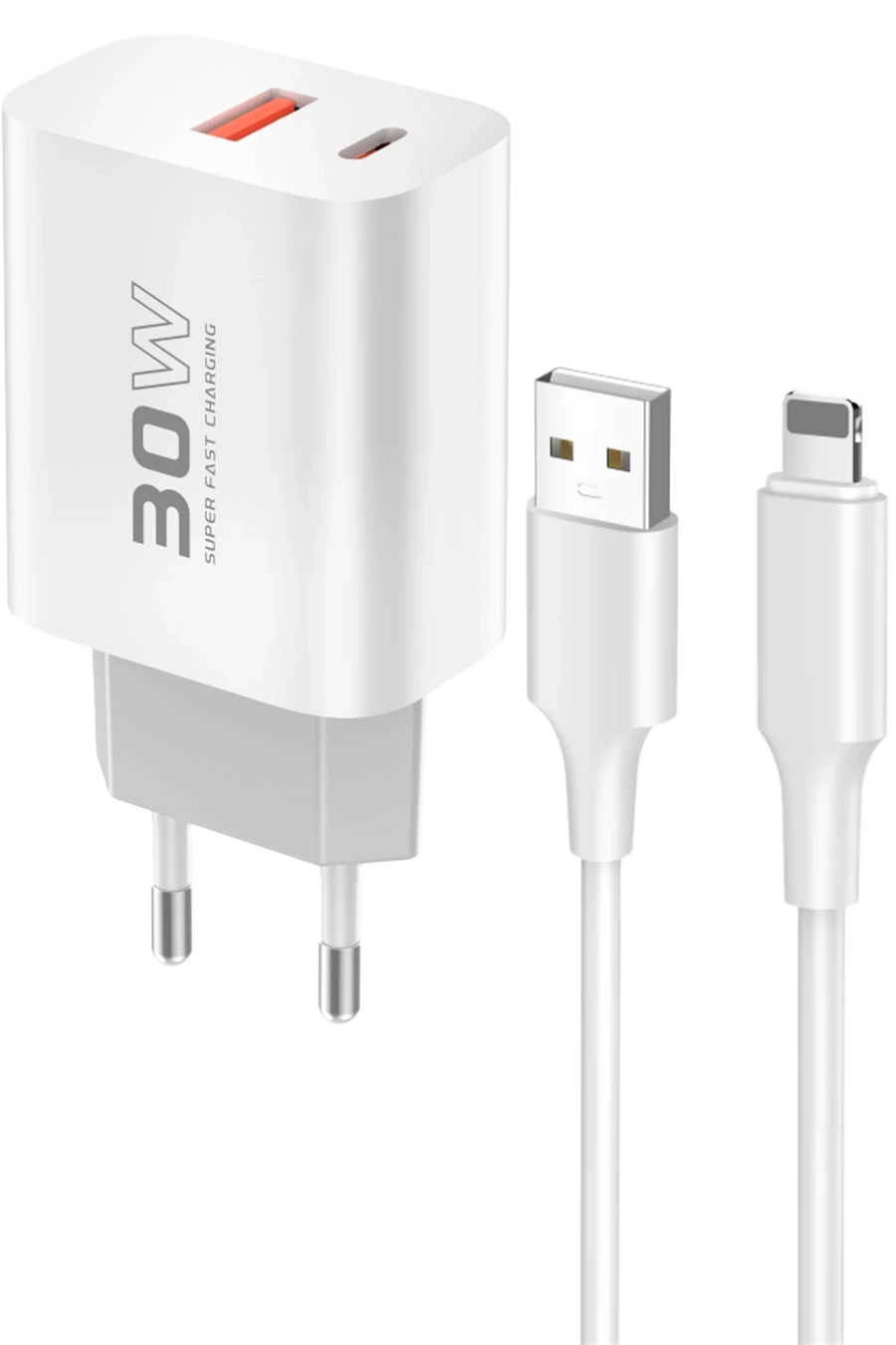 Konfulon C89Q 1 Adet 30W Type-C ve 1 Adet 22.5W USB Çıkışlı Ekstra DL48 1M USB to Lightning Kablolu PD Şarj Cihazı - Beyaz