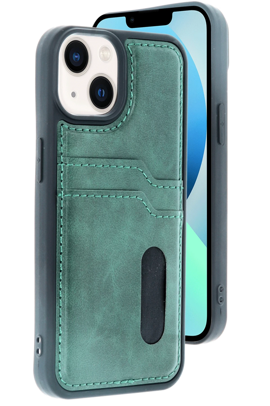 Newface Apple iPhone 15 Sara Kartvizitli Deri Kılıf - Yeşil