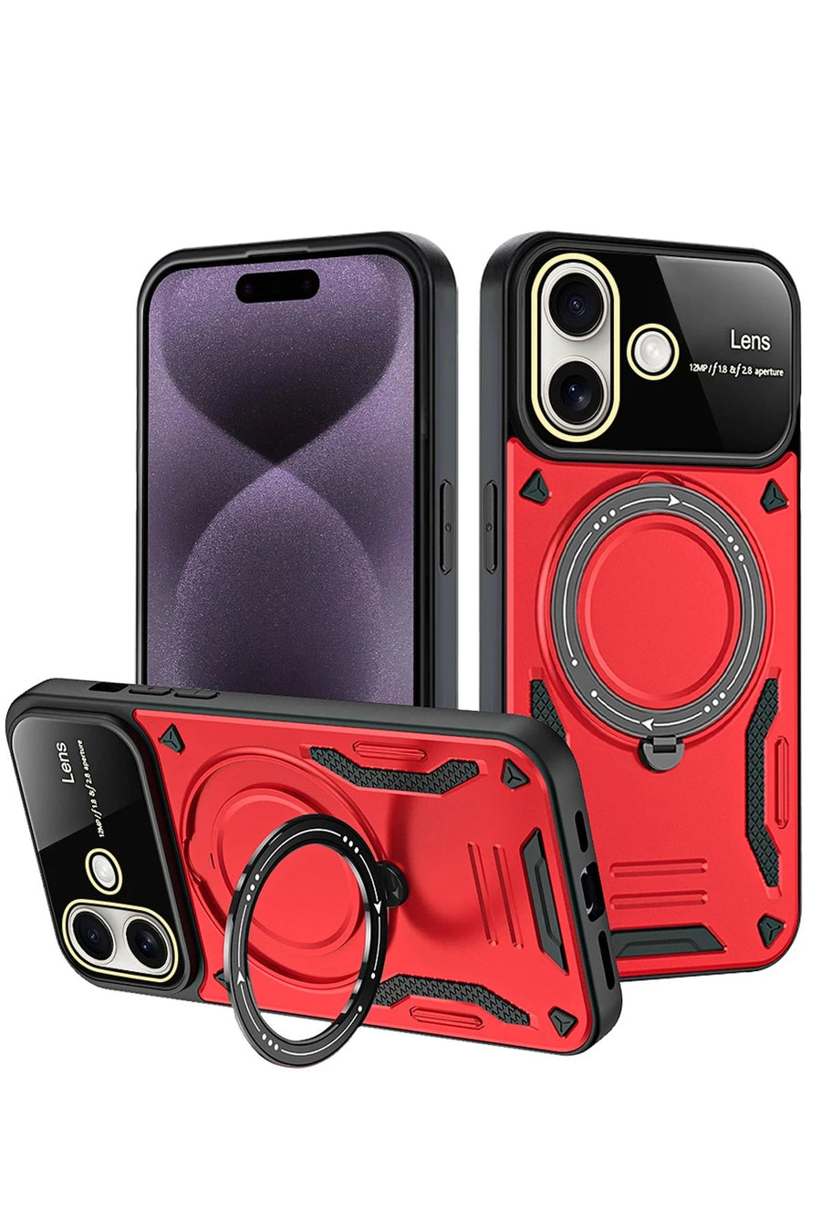 Newface Apple iPhone 16 Kılıf Joy Lens Standlı Kapak - Kırmızı