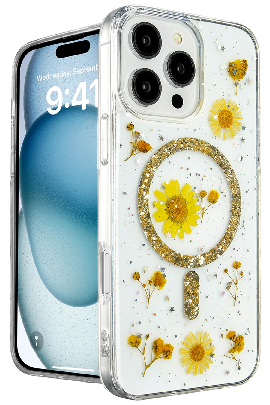 Newface Apple iPhone 16 Pro Kılıf Daisy Simli Magsafe Kapak - Gold