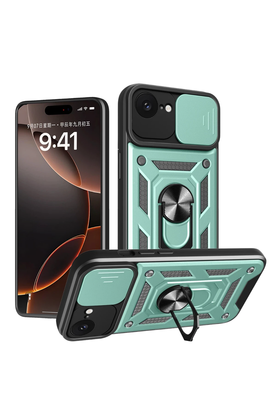 Newface Apple iPhone 16E Kılıf Pars Lens Yüzüklü Silikon - Yeşil