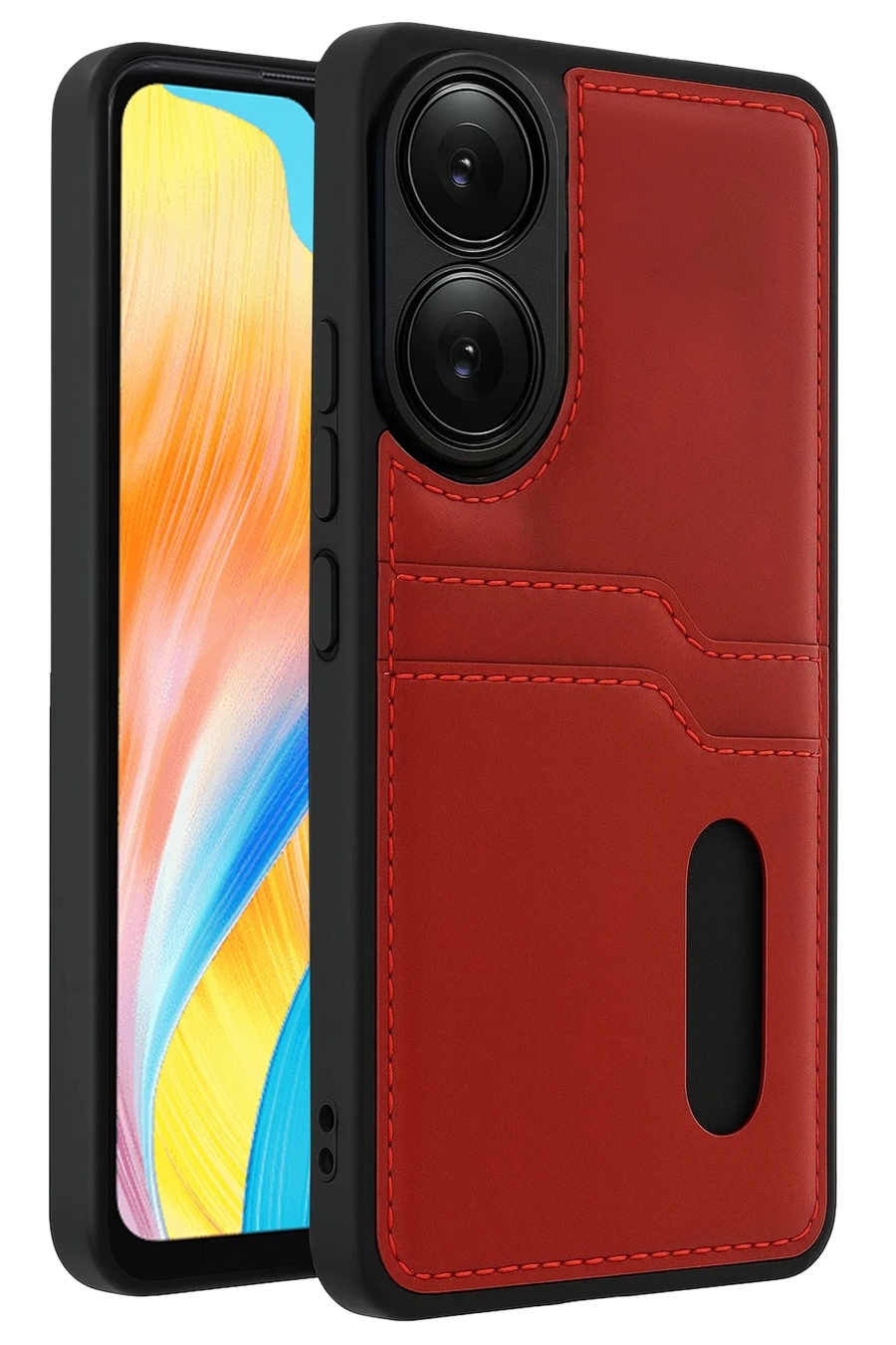 Newface Oppo A38 Sara Kartvizitli Deri Kılıf - Kırmızı