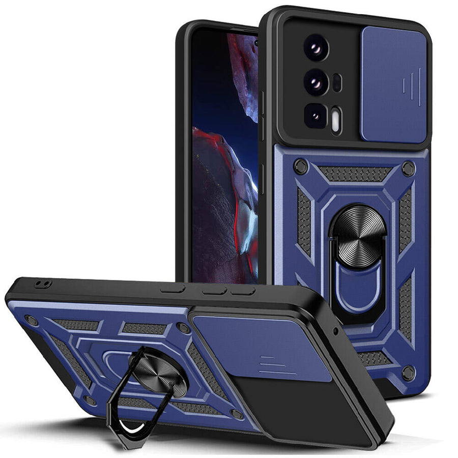 Xiaomi Poco F5 Pro Kılıf Magnetik Standlı Kamera Korumalı Zore Sürgülü Vega Kılıf - Mavi