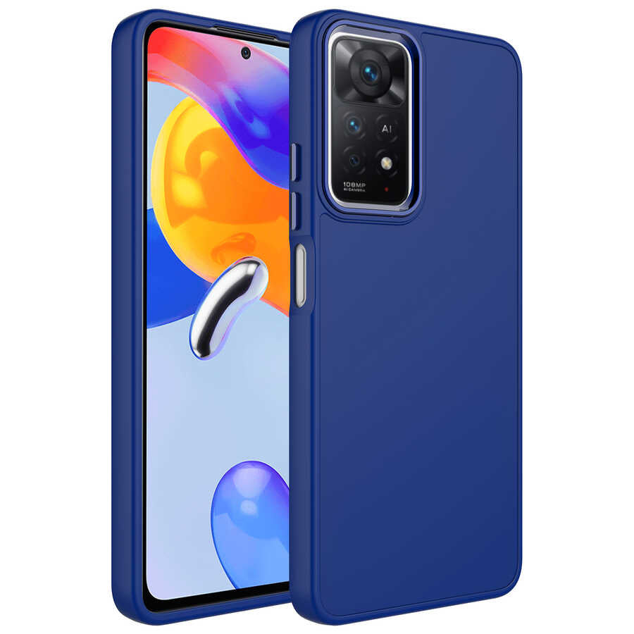 Xiaomi Redmi Note 11S Global Kılıf Metal Çerçeve ve Buton Tasarımlı Silikon Zore Luna Kılıf - Lacivert
