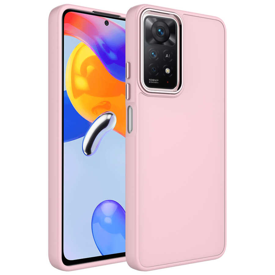 Xiaomi Redmi Note 11S Global Kılıf Metal Çerçeve ve Buton Tasarımlı Silikon Zore Luna Kılıf - Pembe