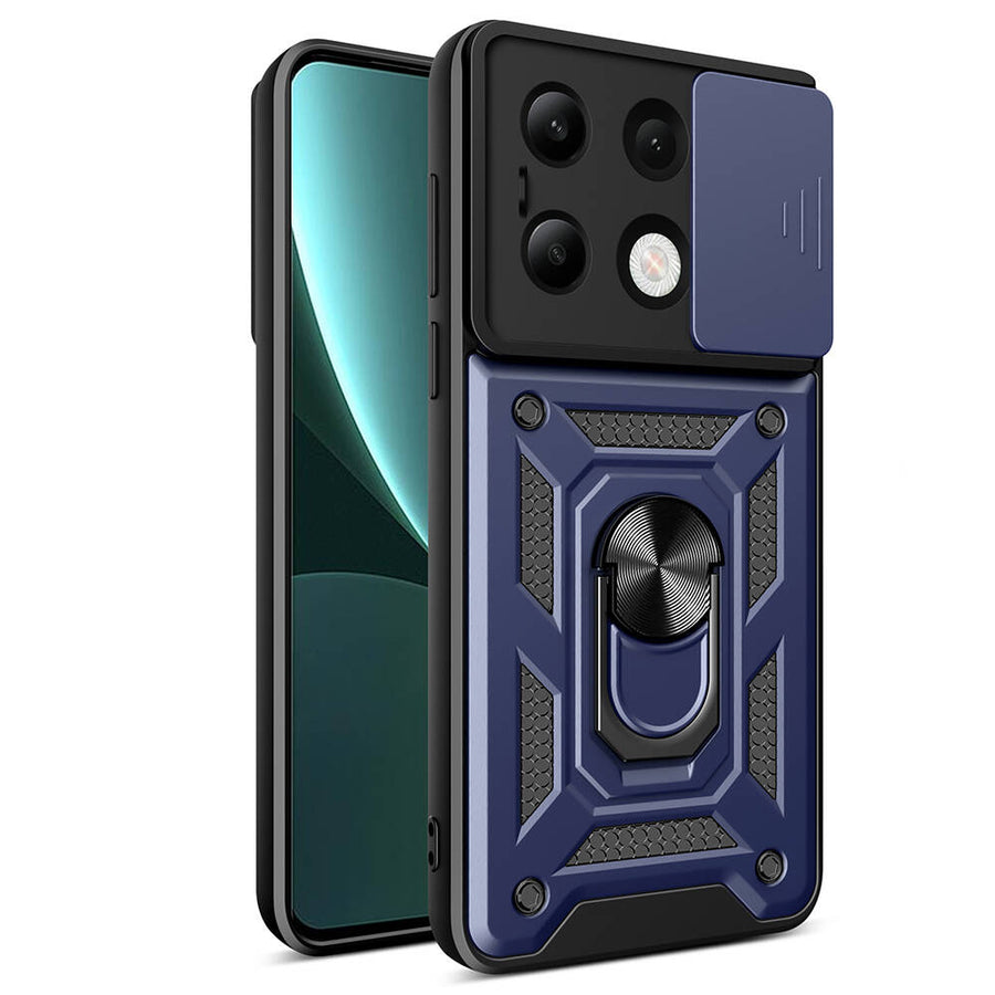 Xiaomi Redmi Note 13 4G Kılıf Magnetik Standlı Kamera Korumalı Zore Sürgülü Vega Kılıf - Mavi
